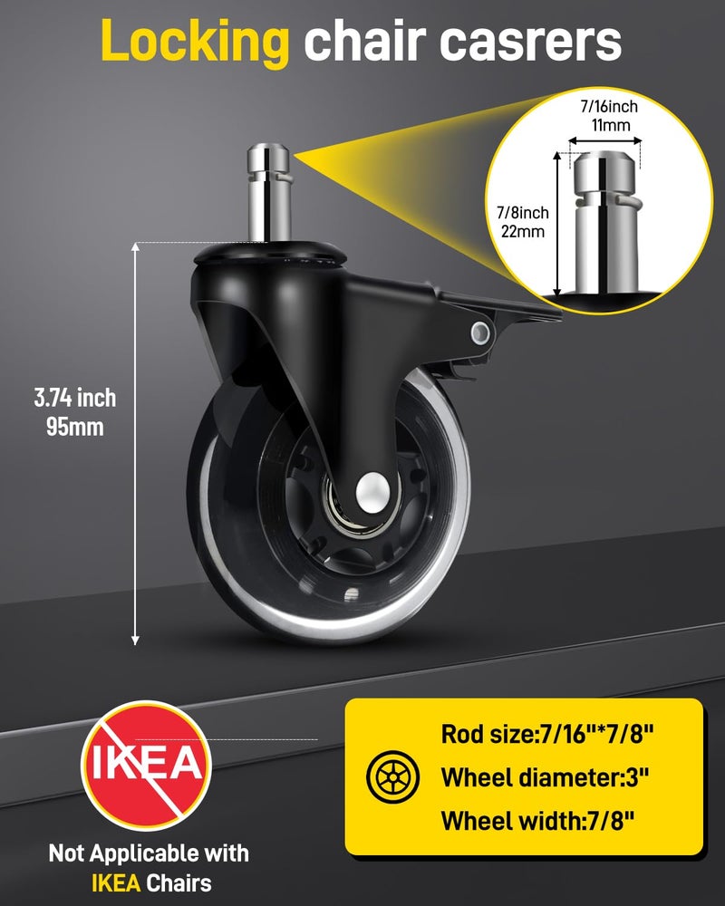 LONGADS Office Chair Caster Wheels with Brakes 5 Packs 3 in for Hardwood Floors and Low Pile Carpet,Heavy Duty Quiet Swivel Replacement -Made from Soft Premium Pu Rubber-Black - Image 2
